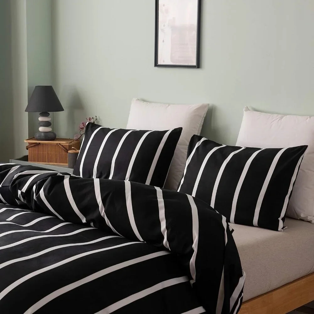 Black and White Striped Comforter Microfiber Queen Set
